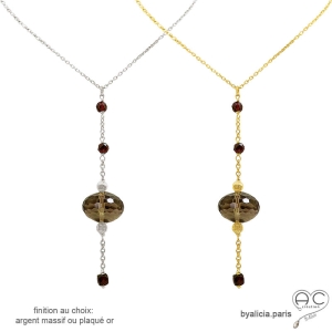 Collier cravate en quartz fumé et grenat sur une chaîne plaqué or ou argent, fait main création by Alicia