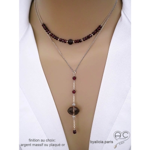 Collier cravate quartz fumé et grenat sur une chaîne argent massif, fait main créateur français