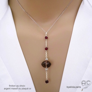 Collier cravate quartz fumé et grenat, chaîne argent massif ou plaqué or, fabrication artisanale française