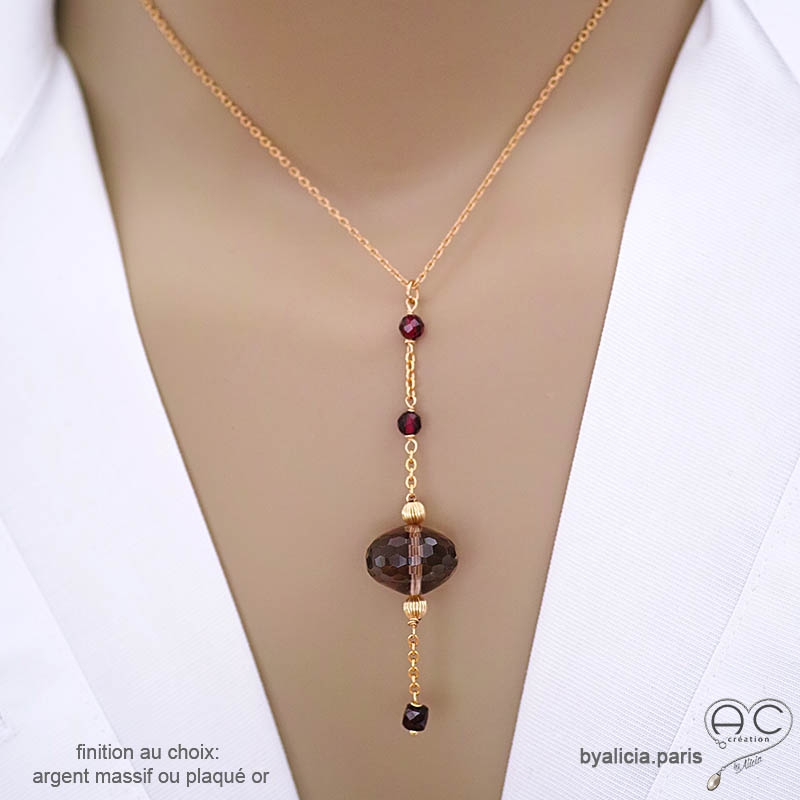 Collier cravate quartz fumé et grenat, chaîne plaqué or ou argent massif, fabrication artisanale française