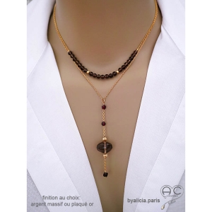 Collier cravate quartz fumé et grenat sur une chaîne plaqué or, fait main créateur français
