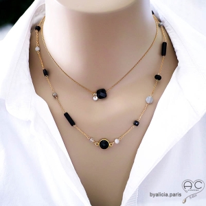 bijou créateur ras de cou en pierre naturelle noire hypersthéne et plaqué or