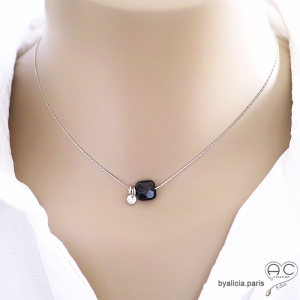 Collier fin hypersthéne et petit brillant en cristal sur une chaîne en argent, fait main, création by Alicia