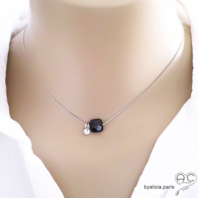 Collier fin hypersthéne et petit brillant en cristal sur une chaîne en argent, fait main, création by Alicia