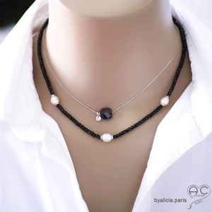 bijou créateur ras de cou en pierre naturelle noire hypersthéne et argent massif