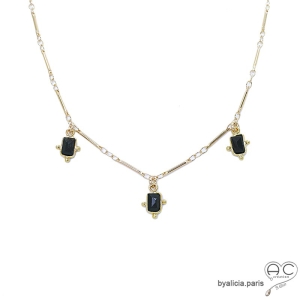 Collier pampilles en onyx noire sur chaîne barrette plaqué or, fin, fait main, création by Alicia