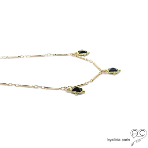 Collier ras de cou noir pampilles onyx noire sur chaîne barrette plaqué or fait main sur-mesure