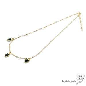 pierre onyx noire plaqué or ras de cou noir femme minimaliste artisanal fait sur-mesure