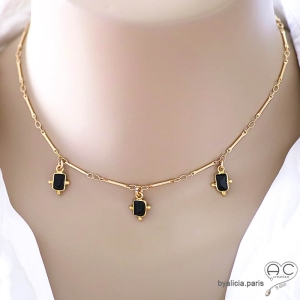 ras de cou pampilles en onyx noir sur chaîne barrette plaqué or collier femme raffiné artisanal