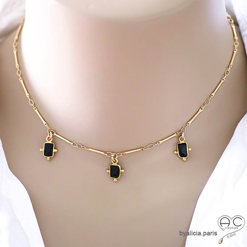 ras de cou pampilles en onyx noir sur chaîne barrette plaqué or collier femme raffiné artisanal