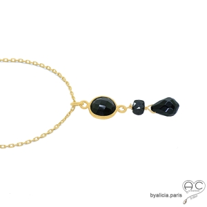 ras de cou femme chaîne en plaqué or avec pendentif en pierres semi-précieuses noires onyx et spinelle fait main