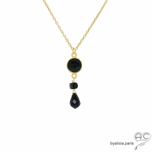 pendentif noire femme en pierres naturelles onyx et spinelle sur une chaîne en plaqué or