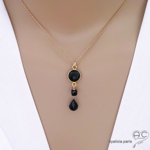 Collier, pendentif onyx et spinelle noire, plaqué or, fait main, création by Alicia
