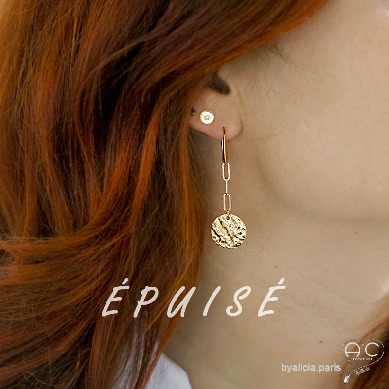 Boucles d'oreilles, médaille martelé sur chaîne, en plaqué or, pendantes, longues, choix des différentes attaches, femme