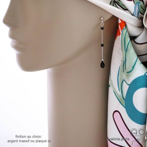 onyx noir, boucles d'oreilles femme, artisanales, pendantes, fines, argent 925, agate noire