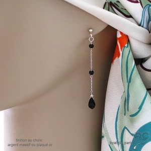 boucles d'oreilles onyx noire sur une chaîne argent massif fait main en France