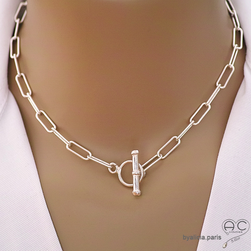 Collier, sautoir, chaîne argent massif grosse maille et grand fermoir T, création by Alicia