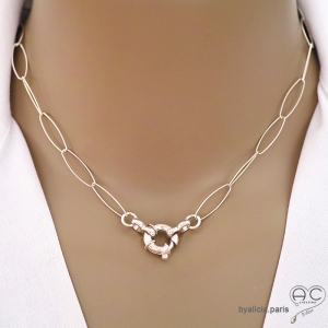 Collier, sautoir, chaîne argent massif grands maillons ovales, fermoir marin, création by Alicia