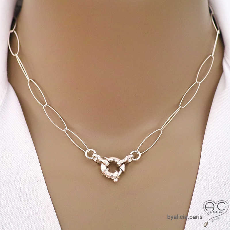 Collier, sautoir, chaîne argent massif grands maillons ovales, fermoir marin, création by Alicia