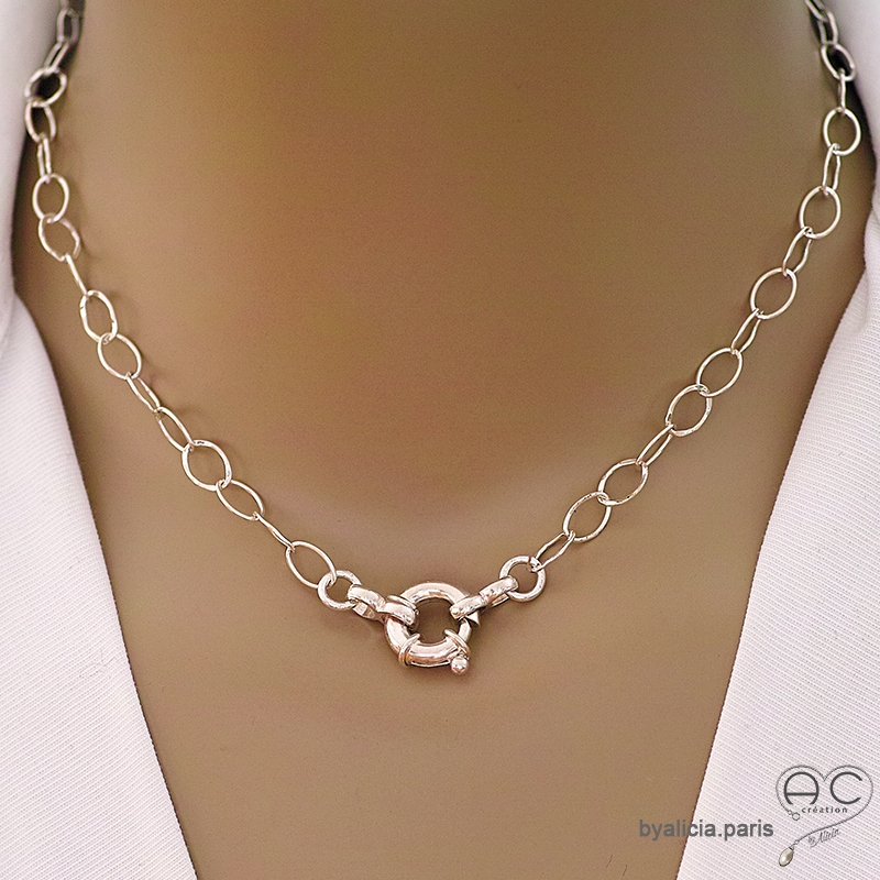 Collier, sautoir, chaîne argent massif grands maillons martelé et lisse avec fermoir marin, création by Alicia