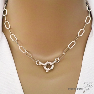 Collier, sautoir, chaîne en argent massif, grands maillons martelés avec fermoir marin, création by Alicia