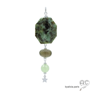 Pendentif jaspe (turquoise africaine), quartz fumé et préhnite et une étoile, bijou argent massif fait main, création by Alicia