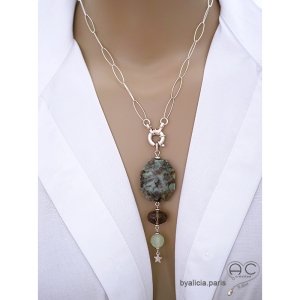 bijou femme pendentif long vert en pierres  semi-précieuses et étoile argent 925 créateur français