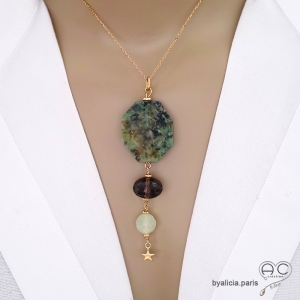 Pendentif jaspe (turquoise africaine), quartz fumé et préhnite et une étoile, bijou plaqué or fait main, création by Alicia