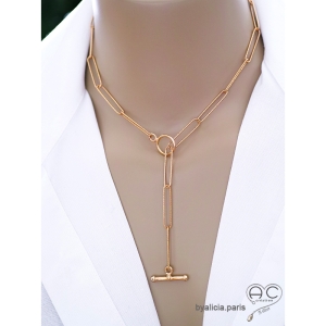 ras de cou cravate chaîne long maillon en plaqué or diamanté avec fermoir anneau & barre