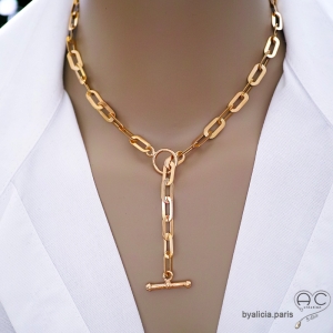 chaîne plaqué or gros maillons avec grand fermoir anneau & barre, collier cravate réalisé sur mesure