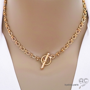 grosse chaîne plaqué or fermoir anneau & barre ras du cou longueur réglable