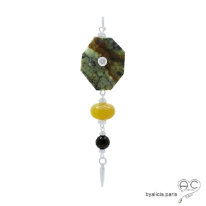 Pendentif jaspe (turquoise) africaine, agate et onyx, bijou argent avec zircon et pointe, fait main, création by Alicia