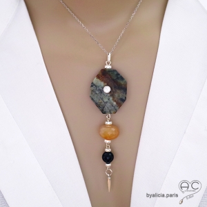 Élégant pendentif en argent, jaspe turquoise africaine, agate jaune et onyx noir. Pièce artisanale française