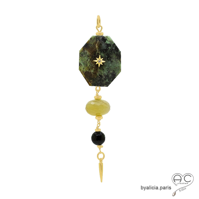 Élégant pendentif en plaqué or, jaspe turquoise africaine, agate jaune et onyx noir. Pièce artisanale française