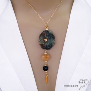 Pendentif jaspe (turquoise) africaine, agate et onyx, bijou plaqué or avec zircon et pointe, fait main, création by Alicia