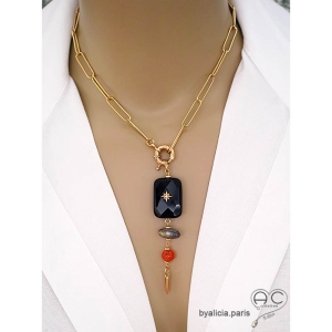 Collier en chaîne plaqué or à maillons longs rectangulaires fermoir bouée