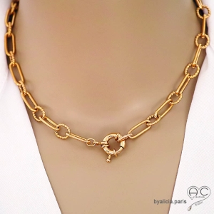 Collier chaîne gros maillons avec fermoir marin en plaqué or, création by Alicia