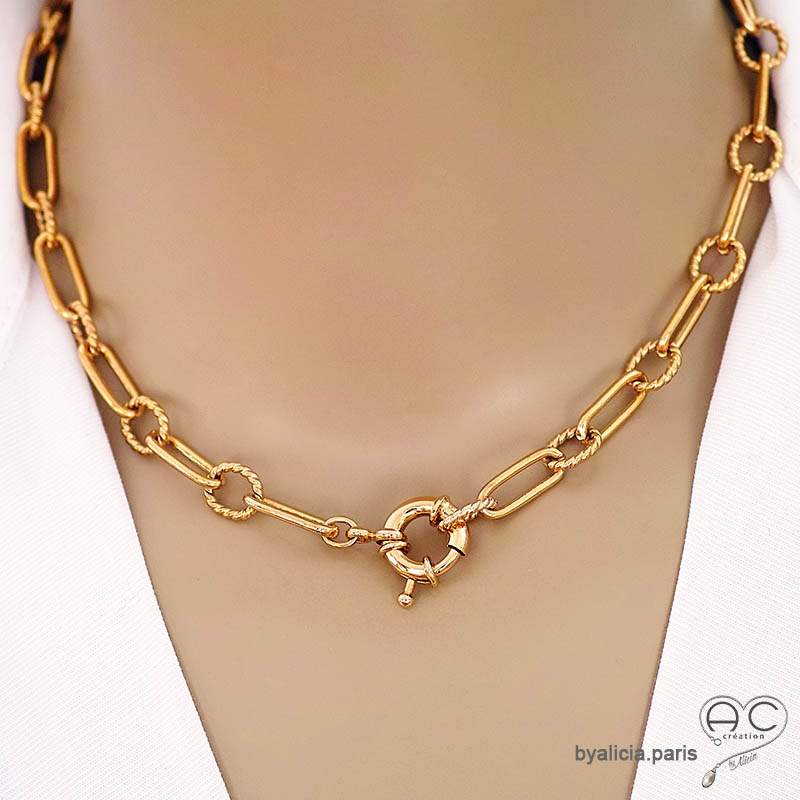 Collier chaîne gros maillons avec fermoir marin en plaqué or, création by Alicia