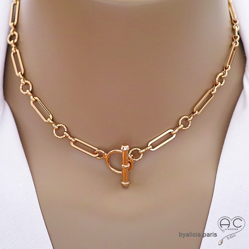 Collier chaîne gros maillons en plaqué or avec fermoir T, tendance, création by Alicia
