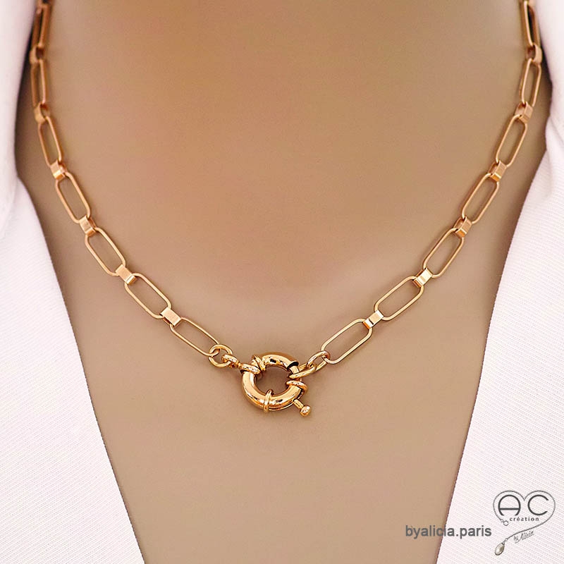 Collier en chaîne plaqué or gros maillons ovale et fermoir marin, création by Alicia