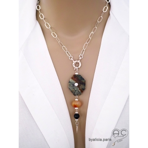 grand pendentif vert femme en pierres naturelles jaspe turquoise africaine, et pointe argent réalisé à la main