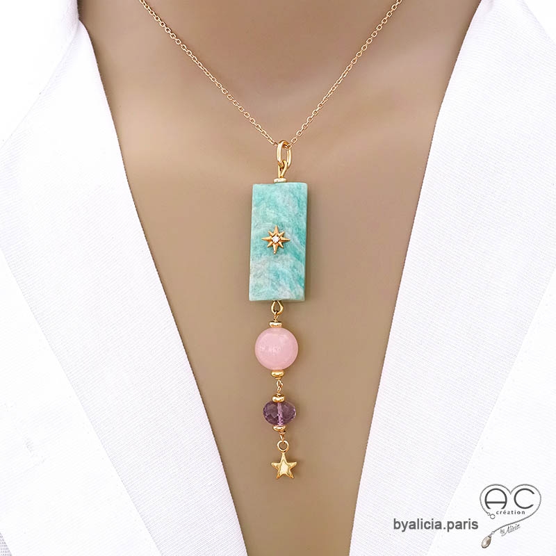Pendentif amazonite, quartz rose, améthyste et étoile, bijou plaqué or avec zircon et pointe, fait main, création by Alicia
