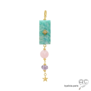 Pendentif artisanal en plaqué or et pierres naturelles d’amazonite, quartz rose et améthyste fait main