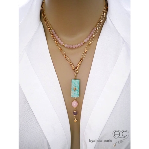 bijou grand pendentif long en plaqué or et amazonite créateur français