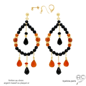 maxi boucles d'oreilles en onyx noire & cornaline, plaqué or ou en argent, pendantes, fait main en France