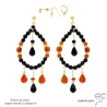 maxi boucles d'oreilles en onyx noire & cornaline, plaqué or ou en argent, pendantes, fait main en France