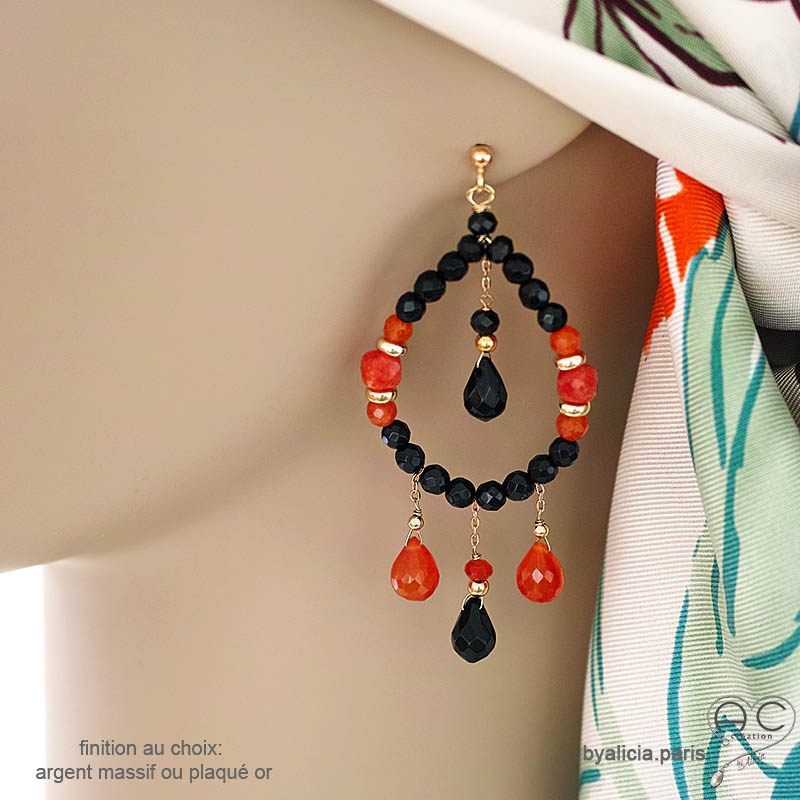 Grandes boucles d'oreilles en onyx noire et cornaline, pendantes, orginales, fait main, création by Alicia