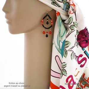 Grandes boucles d'oreilles noir & orange en pierres naturelles, pendantes, orginales, réalisé à la main en France