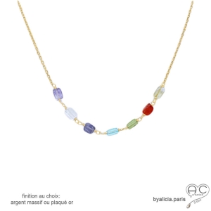 pierres semi-précieuses multicolore collier fin délicat plaqué or ou argent
