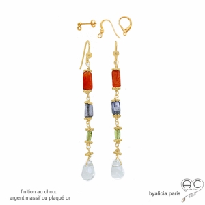 boucles d'oreilles multicolores en pierres naturelles plaqué or ou argent créateur français